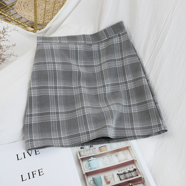 Kockás női szoknya magas derékkal szürke, barna és fekete színekben