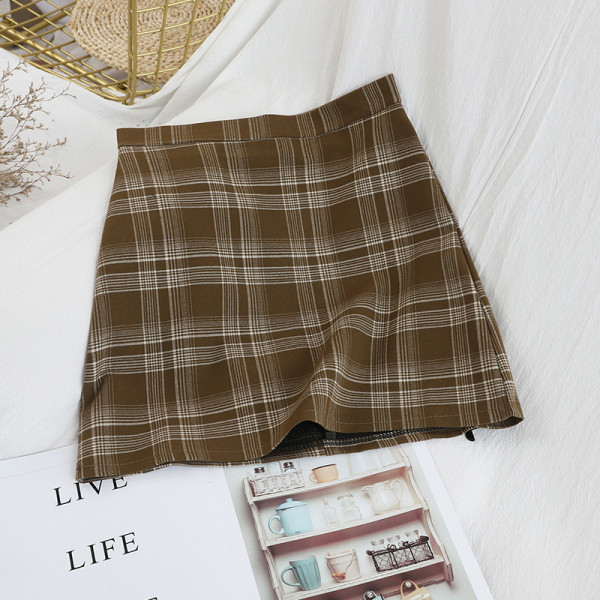 Kockás női szoknya magas derékkal szürke, barna és fekete színekben