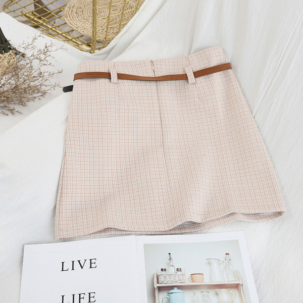 Modern női szoknya szürke és bézs A-vonalú övvel