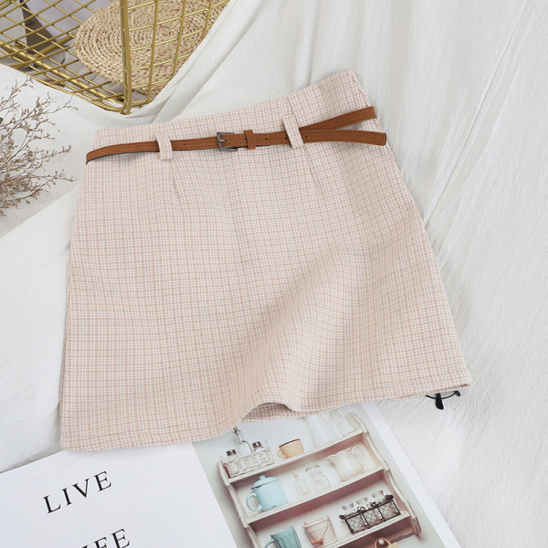 Modern női szoknya szürke és bézs A-vonalú övvel