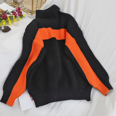 Aktuális női pulóver magas gallérral, kék, narancs, bézs, sárga és fekete színekben