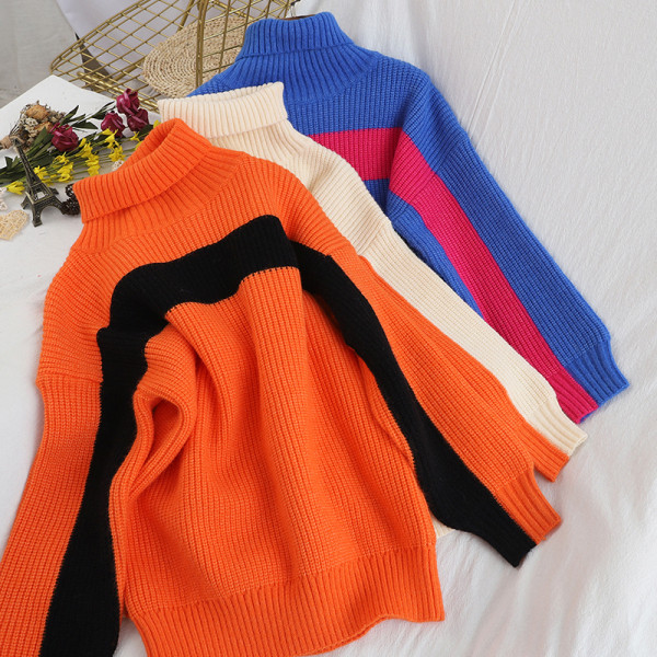 Aktuális női pulóver magas gallérral, kék, narancs, bézs, sárga és fekete színekben