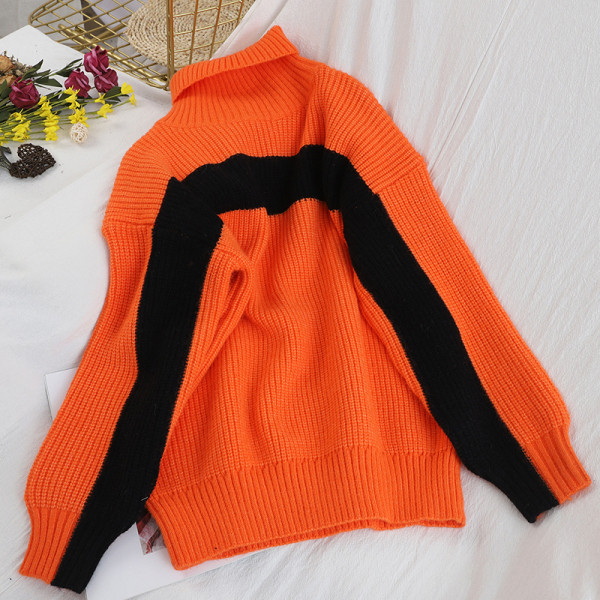 Aktuális női pulóver magas gallérral, kék, narancs, bézs, sárga és fekete színekben