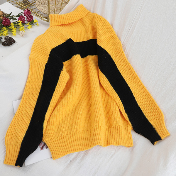 Aktuális női pulóver magas gallérral, kék, narancs, bézs, sárga és fekete színekben