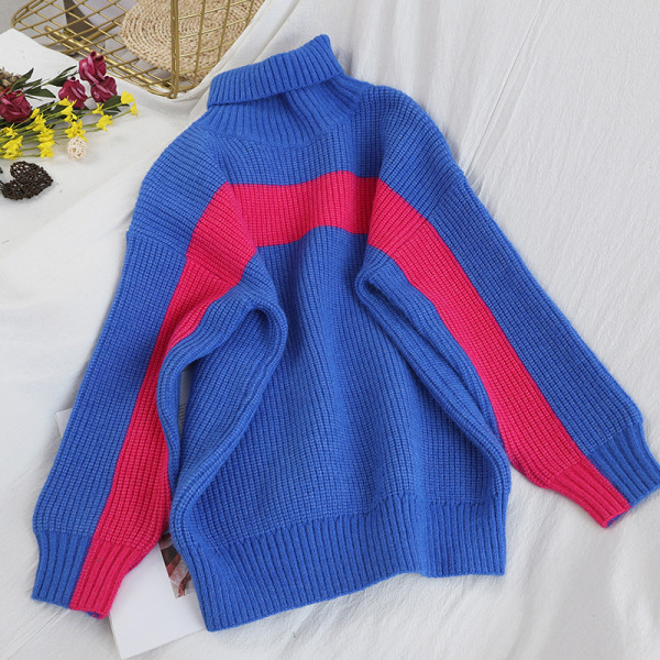 Aktuális női pulóver magas gallérral, kék, narancs, bézs, sárga és fekete színekben