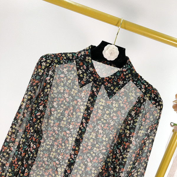 Camasa moderna din sifon de dama model clasic de culoare neagra cu imprimeu floral