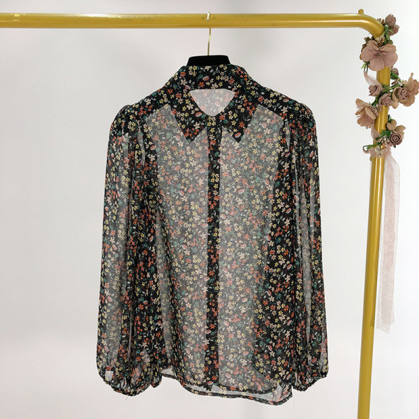 Camasa moderna din sifon de dama model clasic de culoare neagra cu imprimeu floral