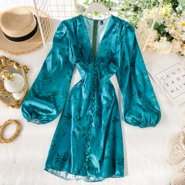 Modern női ruha virágmintás V-nyakú, széles ujjú kék színben