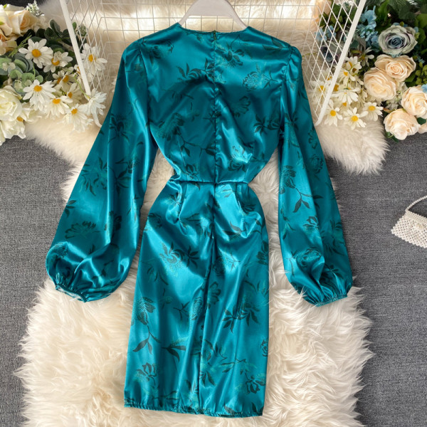 Modern női ruha virágmintás V-nyakú, széles ujjú kék színben