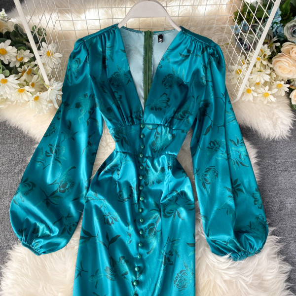 Modern női ruha virágmintás V-nyakú, széles ujjú kék színben