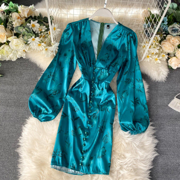 Modern női ruha virágmintás V-nyakú, széles ujjú kék színben