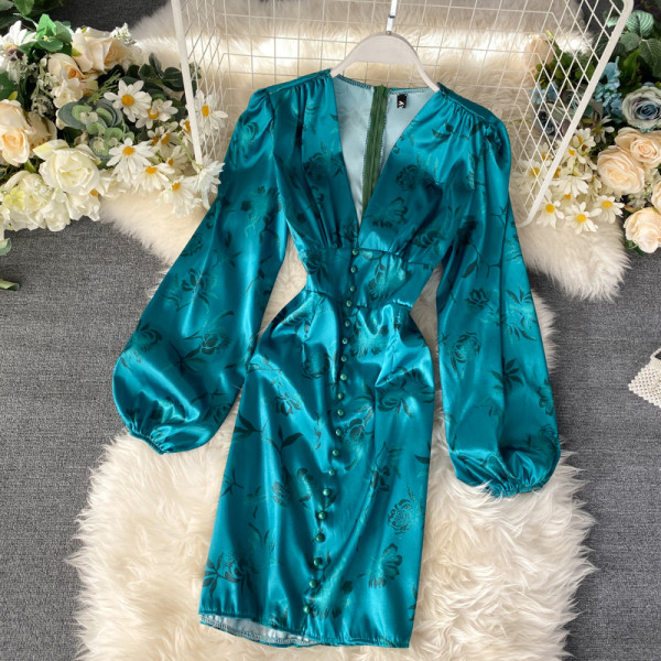 Modern női ruha virágmintás V-nyakú, széles ujjú kék színben