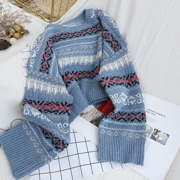 Retro stílusú, kerek nyakkivágású női pulóver fehér, szürke, kék és rózsaszín színekben