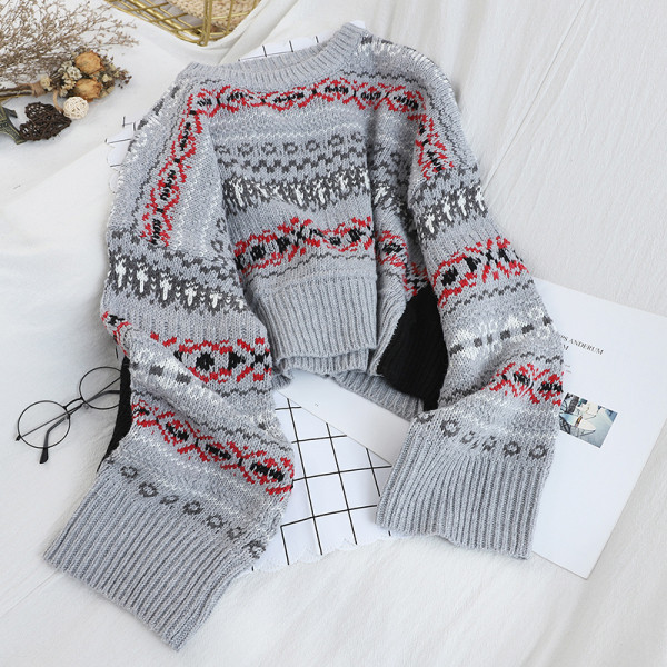 Retro stílusú, kerek nyakkivágású női pulóver fehér, szürke, kék és rózsaszín színekben