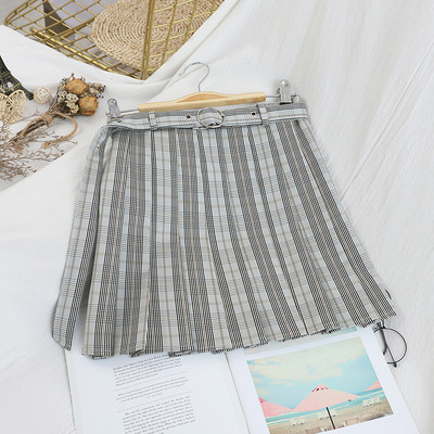 Γυναικεία πλισέ φούστα με ζώνη σε γκρι, μαύρο, μπεζ και πράσινο χρώμα