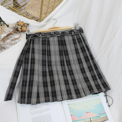 Γυναικεία πλισέ φούστα με ζώνη σε γκρι, μαύρο, μπεζ και πράσινο χρώμα