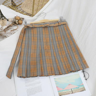 Γυναικεία πλισέ φούστα με ζώνη σε γκρι, μαύρο, μπεζ και πράσινο χρώμα