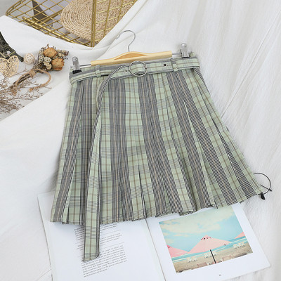 Γυναικεία πλισέ φούστα με ζώνη σε γκρι, μαύρο, μπεζ και πράσινο χρώμα