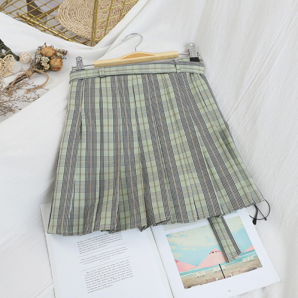 Γυναικεία πλισέ φούστα με ζώνη σε γκρι, μαύρο, μπεζ και πράσινο χρώμα