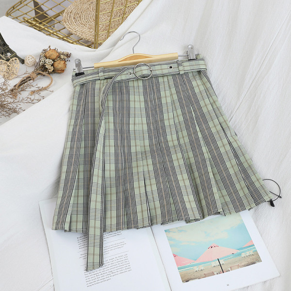 Γυναικεία πλισέ φούστα με ζώνη σε γκρι, μαύρο, μπεζ και πράσινο χρώμα