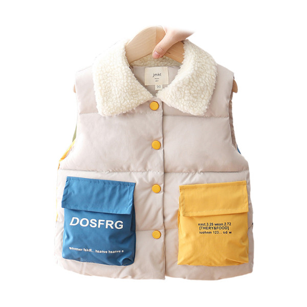 Gyerekmellény fiúknak fekete, fehér és narancssárga színben, gombokkal és zsebekkel