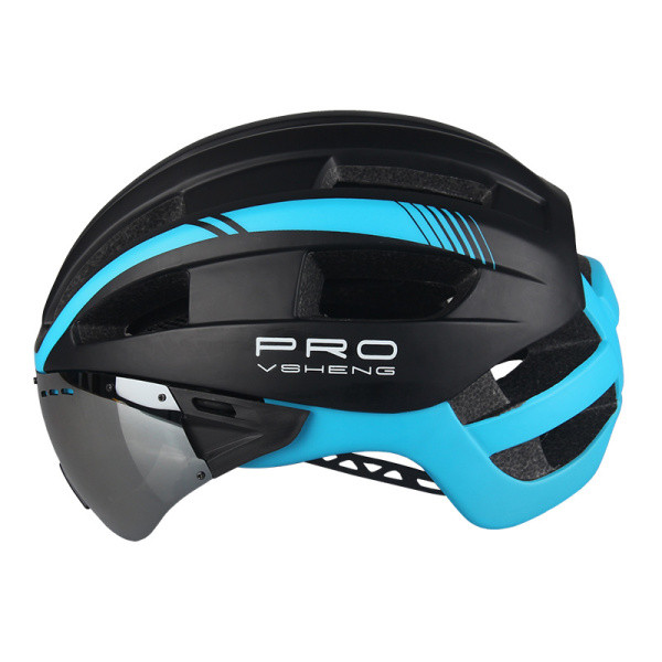 Защитна каска за колоездене с предпазни очила в черен, син и бял цвят