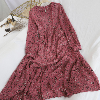 Modern női sifon ruha kerek nyakkivágással, virágmotívumokkal több színben