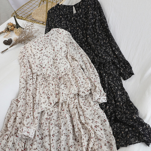 Modern női sifon ruha kerek nyakkivágással, virágmotívumokkal több színben