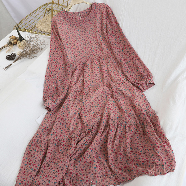 Modern női sifon ruha kerek nyakkivágással, virágmotívumokkal több színben