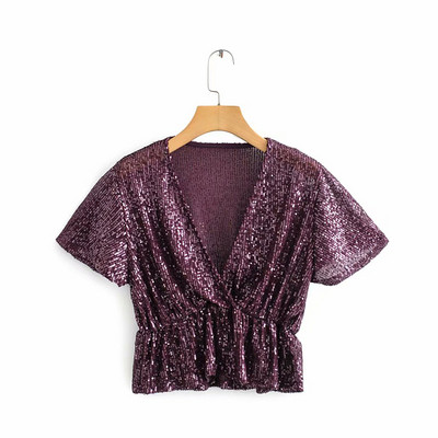 Rövid női blúz V-nyakú, elasztikus derékkal, lila színben, flitterekkel