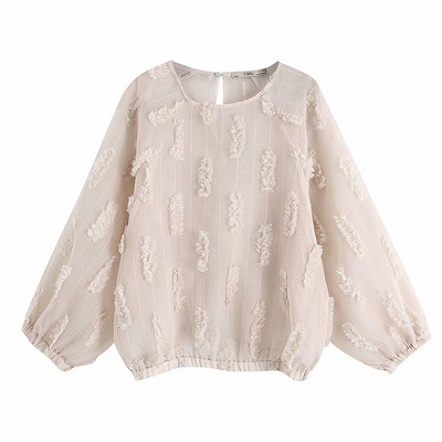 Modern női blúz elasztikus derékkal és bézs színű ovális nyakkivágással