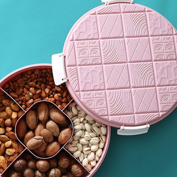 Kerek doboz tetővel és öt rekesszel, diófélék és gyümölcsök tárolására alkalmas kék és rózsaszín színben