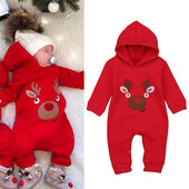 НОВ модел детски коледен гащеризон с качулка и апликация подходящ за момичета и момчета в червен цвят