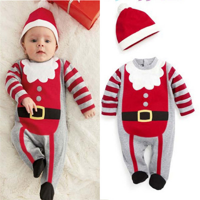Коледен детски комплект гащеризон + шапка подходящ за момчета и момичета в червен и сив цвят 