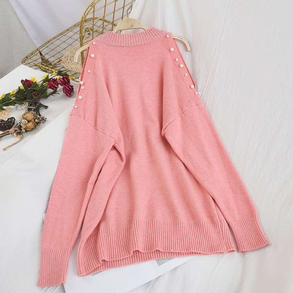 Γυναικείο πουλόβερ ν με ωοειδές ντεκολτέ και διακόσμηση πέρλες σε λευκό, μαύρο και ροζ χρώμα