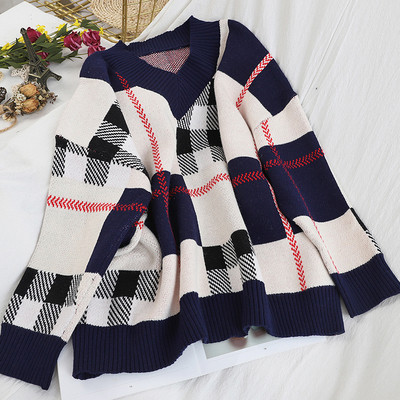 Γυναικείο καρό πουλόβερ σε λευκό, γκρι, μπλε, καφέ και πορτοκαλί χρώμα