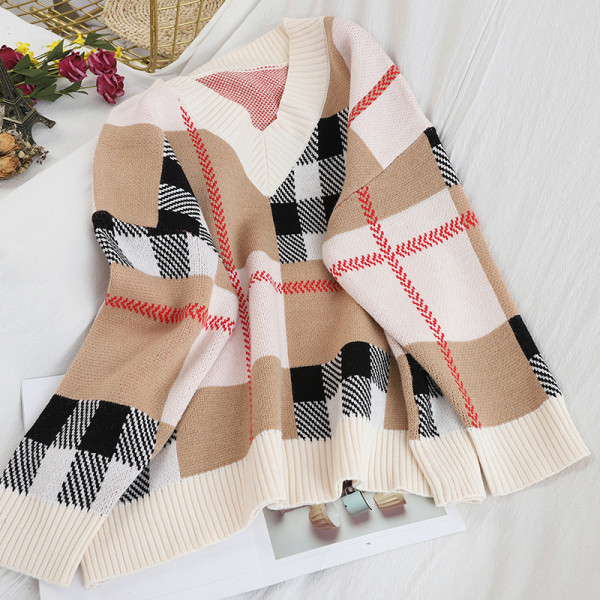 Γυναικείο καρό πουλόβερ σε λευκό, γκρι, μπλε, καφέ και πορτοκαλί χρώμα