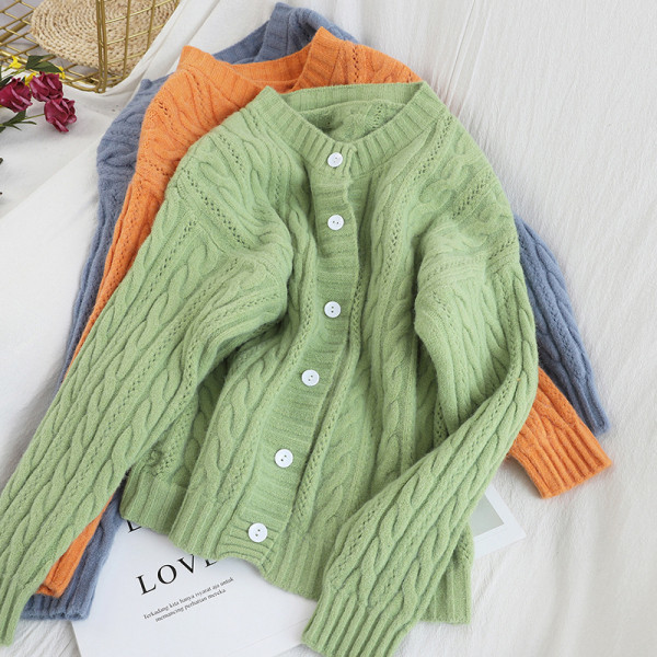 Új modell női kardigán gombokkal és kerek nyakkivágással fehér, sárga, zöld, kék, narancssárga és lila színben