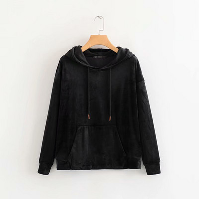 Női alkalmi bársony pulóver kapucnival és zsebekkel zöld, kék, rózsaszín és fekete színben