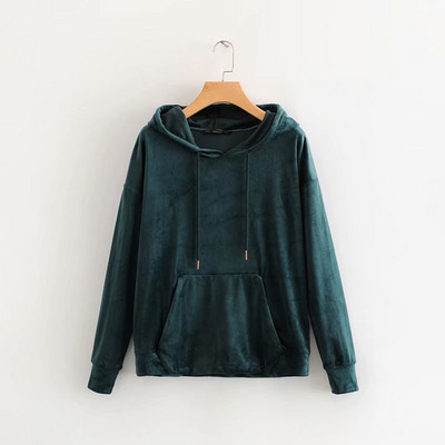 Női alkalmi bársony pulóver kapucnival és zsebekkel zöld, kék, rózsaszín és fekete színben