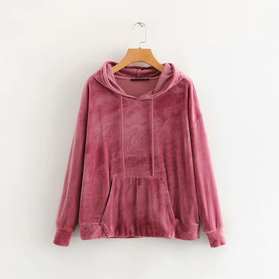 Női alkalmi bársony pulóver kapucnival és zsebekkel zöld, kék, rózsaszín és fekete színben