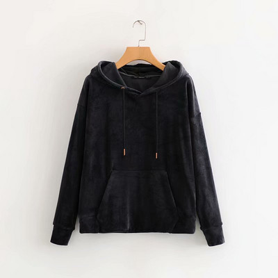 Női alkalmi bársony pulóver kapucnival és zsebekkel zöld, kék, rózsaszín és fekete színben