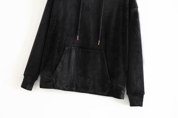 Női alkalmi bársony pulóver kapucnival és zsebekkel zöld, kék, rózsaszín és fekete színben