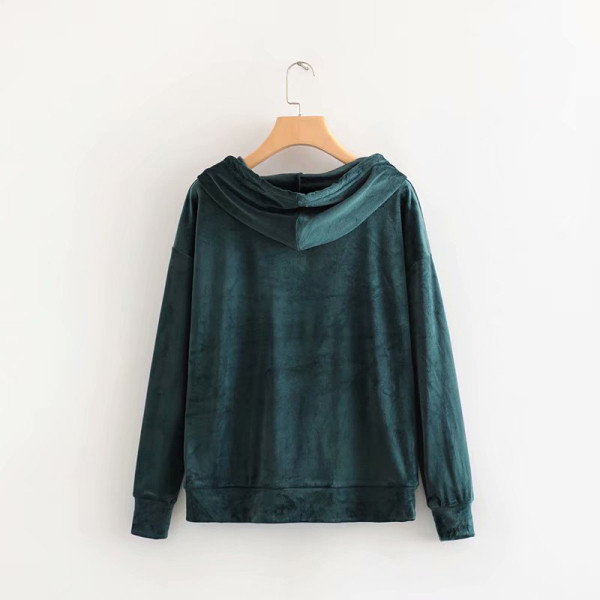 Női alkalmi bársony pulóver kapucnival és zsebekkel zöld, kék, rózsaszín és fekete színben