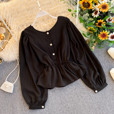 Cămașă modernă de damă cu nasturi și decolteu rotund în negru, portocaliu, alb și gri