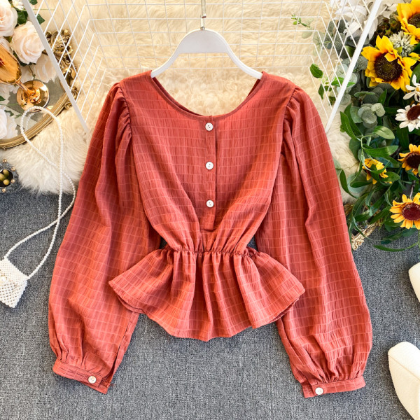 Cămașă modernă de damă cu nasturi și decolteu rotund în negru, portocaliu, alb și gri