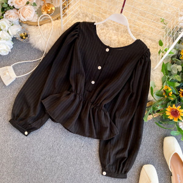 Cămașă modernă de damă cu nasturi și decolteu rotund în negru, portocaliu, alb și gri