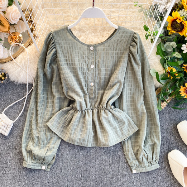 Cămașă modernă de damă cu nasturi și decolteu rotund în negru, portocaliu, alb și gri