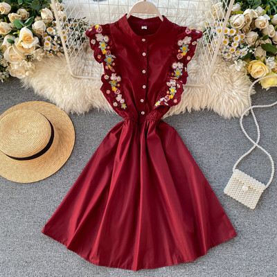 Rochie moderna de dama cu broderie si nasturi in alb, negru, galben, albastru si visiniu