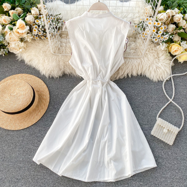 Rochie moderna de dama cu broderie si nasturi in alb, negru, galben, albastru si visiniu